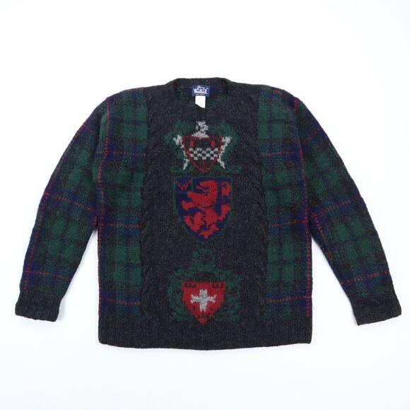 Vintage 90s WOOLRICH Tartain Plaid Lion Shield Crest Thick Wool Sweater Men's M